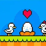 Dos patos pixelados al lado de un huevo en un nido, con un corazón rojo sobre ellos, sobre un fondo azul