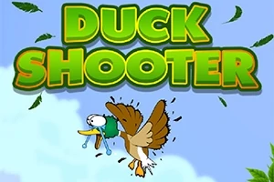Un pato con expresión sorprendida en el aire rodeado de plumas y hojas bajo un cielo azul con el texto DUCK SHOOTER en verde brillante