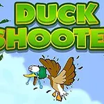 Un pato con expresión sorprendida en el aire rodeado de plumas y hojas bajo un cielo azul con el texto DUCK SHOOTER en verde brillante