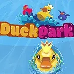Patitos de goma de colores nadando en agua azul con texto brillante y colorido