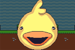 Dibujo pixelado de una cara de pato amarillo con pico naranja sobre un fondo de agua y tierra