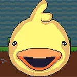Dibujo pixelado de una cara de pato amarillo con pico naranja sobre un fondo de agua y tierra