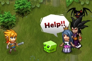 Un personaje heroico con espada se enfrenta a un monstruo junto a una princesa y un villano, mientras ella grita Help!