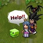 Un personaje heroico con espada se enfrenta a un monstruo junto a una princesa y un villano, mientras ella grita Help!