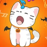 Gato caricaturesco cantando con un collar de calabaza de Halloween, rodeado de símbolos musicales, murciélagos y telarañas sobre un fondo naranja