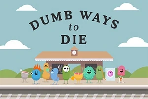 Personajes coloridos y caricaturescos en una estación de tren con un cartel que dice Dumb Ways to Die