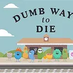Personajes coloridos y caricaturescos en una estación de tren con un cartel que dice Dumb Ways to Die