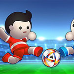 Dos personajes caricaturescos en uniformes de fútbol, uno rojo y otro azul, intentan patear un balón en un estadio iluminado