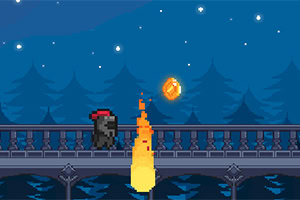 Personaje pixelado corriendo en un puente por la noche con un cielo estrellado, una gema flotante y una llama