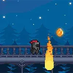 Personaje pixelado corriendo en un puente por la noche con un cielo estrellado, una gema flotante y una llama