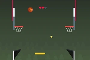Cancha de baloncesto virtual con dos aros, un balón flotante, una estrella y barras rojas y amarillas