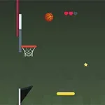 Cancha de baloncesto virtual con dos aros, un balón flotante, una estrella y barras rojas y amarillas
