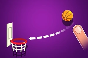 Dibujo de una canasta de baloncesto en dirección a un aro, con un dedo señalando el camino y un fondo morado
