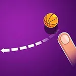 Dibujo de una canasta de baloncesto en dirección a un aro, con un dedo señalando el camino y un fondo morado