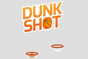 Texto Dunk Shot con un diseño de balón de baloncesto en la letra O y dos aros de baloncesto debajo en un fondo gris