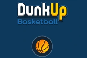Texto con estilo de logotipo que dice Dunk Up Basketball en letras blancas y amarillas sobre un fondo azul oscuro, con una ilustración de un balón de baloncesto debajo