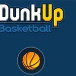 Texto con estilo de logotipo que dice Dunk Up Basketball en letras blancas y amarillas sobre un fondo azul oscuro, con una ilustración de un balón de baloncesto debajo