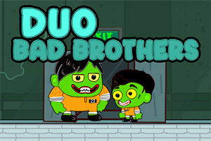 Dos personajes de piel verde con uniformes naranjas de prisionero, de pie frente a una puerta de salida con el texto Duo Bad Brothers arriba