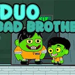 Dos personajes de piel verde con uniformes naranjas de prisionero, de pie frente a una puerta de salida con el texto Duo Bad Brothers arriba