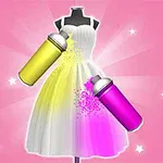 Vestido blanco en un maniquí siendo pintado con pintura en aerosol amarilla y rosa sobre un fondo rosa con estrellas