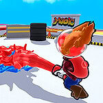 Dos personajes caricaturescos en una plataforma compiten lanzándose chorros de pintura azul y roja