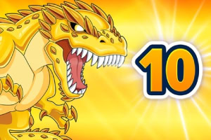 Dinosaurio dorado rugiendo con el número diez en un fondo amarillo brillante