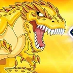 Dinosaurio dorado rugiendo con el número diez en un fondo amarillo brillante