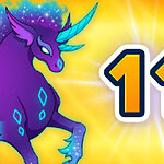 Un unicornio púrpura con dos cuernos brillantes y detalles azules junto al número 11 sobre un fondo amarillo resplandeciente