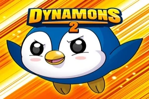 Un personaje azul, similar a un pingüino, con expresión determinada y fondo amarillo-anaranjado con rayas dinámicas