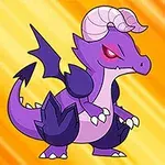 Dragón púrpura caricaturesco con cuernos rosados y alas pequeñas en un fondo naranja con el número 4 en la esquina