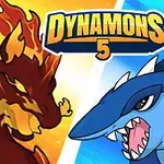 Dos criaturas enfrentadas: una de fuego a la izquierda y otra de agua con espinas a la derecha, con el título Dynamons 5 en el centro