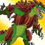 Cocodrilo antropomórfico con armadura marrón en fondo brillante junto al número siete