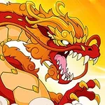 Dragón rojo y naranja con detalles dorados y la cifra número ocho sobre un fondo amarillo brillante