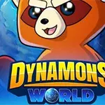 Un personaje rojo con orejas grandes y expresión alegre frente al texto Dynamons World, sobre un fondo de planeta azul