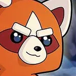 Un panda rojo caricaturesco con cejas gruesas y expresión sonriente, listo para la acción, sobre un fondo de rocas