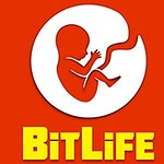 Fondo rojo con un feto estilizado en blanco dentro de un círculo y texto amarillo BitLife en la parte inferior