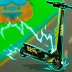 Patineta eléctrica negra y amarilla rodeada de chispas eléctricas sobre un camino