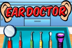 Un conjunto de herramientas médicas ilustradas sobre una charola azul, con un par de orejas y texto en color rojo