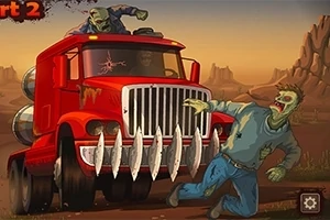 Camión rojo equipado con cuchillas frontales chocando con zombis en un paisaje desértico