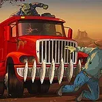 Camión rojo equipado con cuchillas frontales chocando con zombis en un paisaje desértico