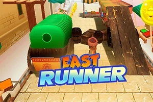 Un personaje con sombrero corre por un mercado con obstáculos y rampa, con el texto East Runner en la parte inferior