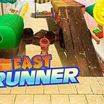 Un personaje con sombrero corre por un mercado con obstáculos y rampa, con el texto East Runner en la parte inferior