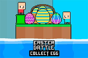 Dos personajes pixelados sobre una plataforma con huevos de Pascua coloridos de fondo