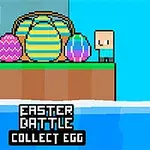 Dos personajes pixelados sobre una plataforma con huevos de Pascua coloridos de fondo