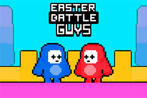 Dos personajes pixelados, uno azul y otro rojo, con el texto Easter Battle Guys arriba, sobre un fondo colorido