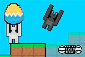 Personaje pixelado cargando un huevo grande mientras otro personaje cae en picada en un entorno de bloques coloridos