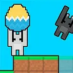 Personaje pixelado cargando un huevo grande mientras otro personaje cae en picada en un entorno de bloques coloridos