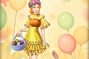 Mujer sonriente con vestido amarillo y corona de flores, sosteniendo una canasta con huevos de Pascua frente a varios globos de colores y un conejo