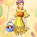 Mujer sonriente con vestido amarillo y corona de flores, sosteniendo una canasta con huevos de Pascua frente a varios globos de colores y un conejo
