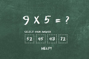Una pizarra verde con una ecuación de multiplicación 9 x 5 = ?